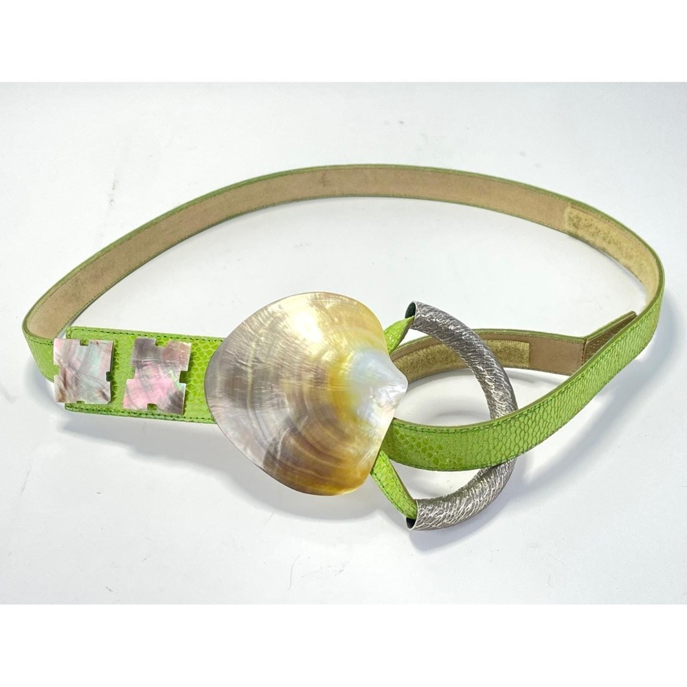 Anthony Alexander Shell Belt Green Leather Nautilus Buckle 43" (33"-39") Boho